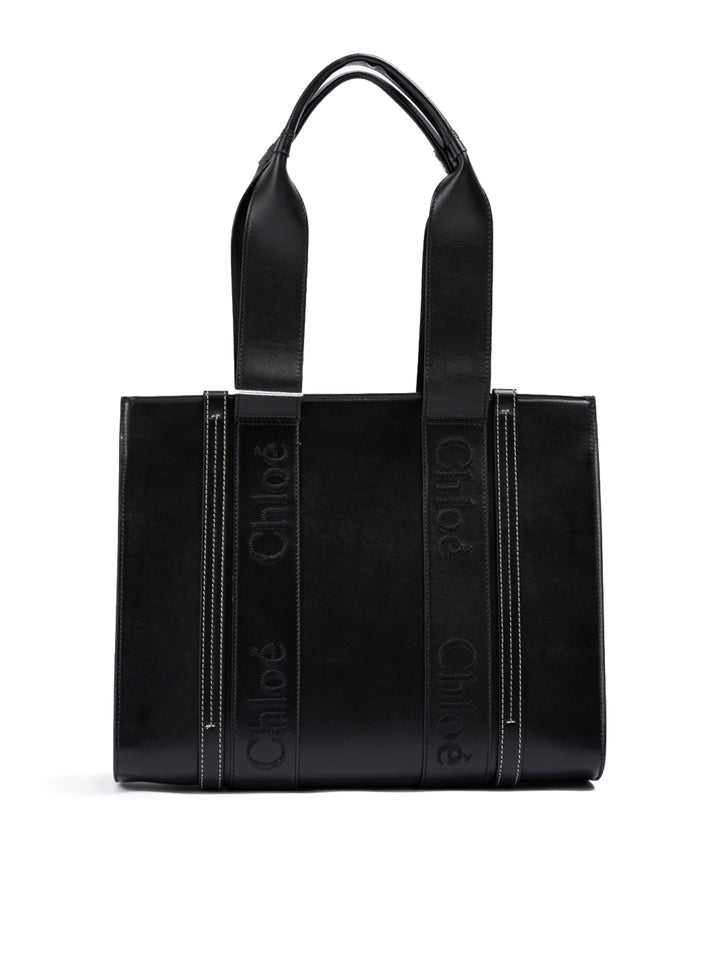 Black Woody Embroidered Logo Leather Medium Tote Bag