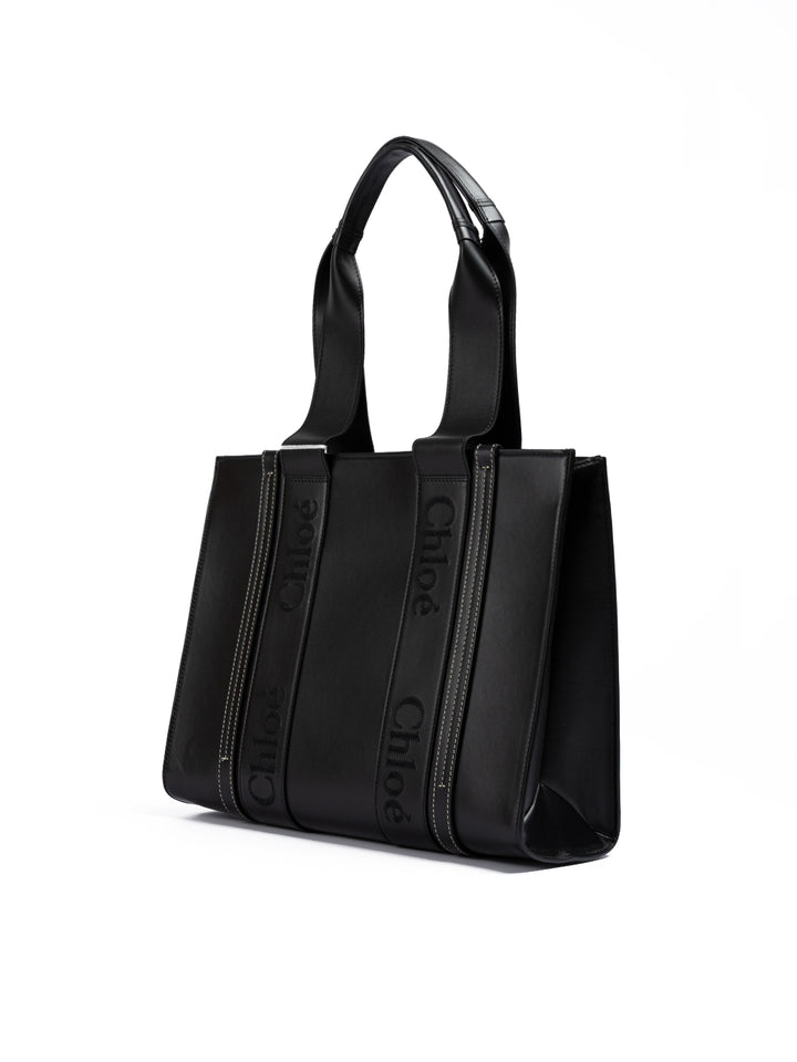 Black Woody Embroidered Logo Leather Medium Tote Bag