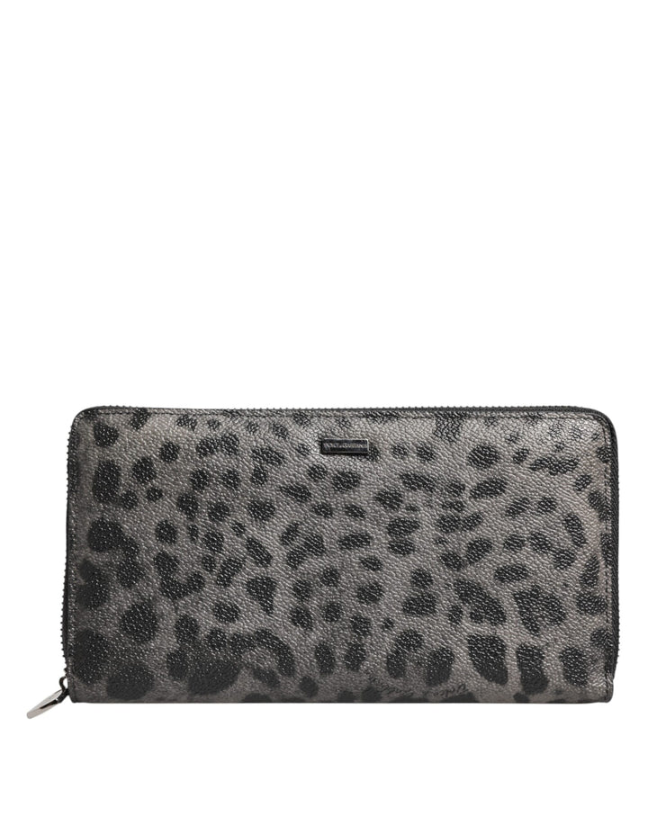 Black Gray Leopard Leather Zip Around Continental Wallet