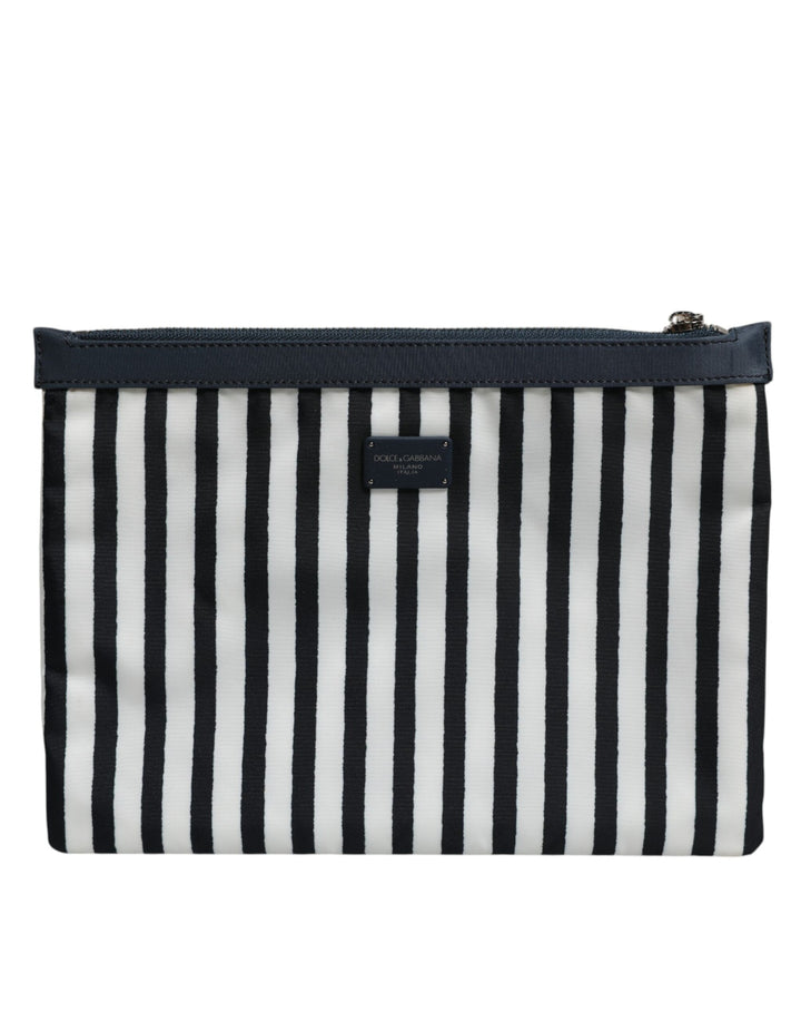 Black White Striped Logo Plaque Clutch Pouch Bag