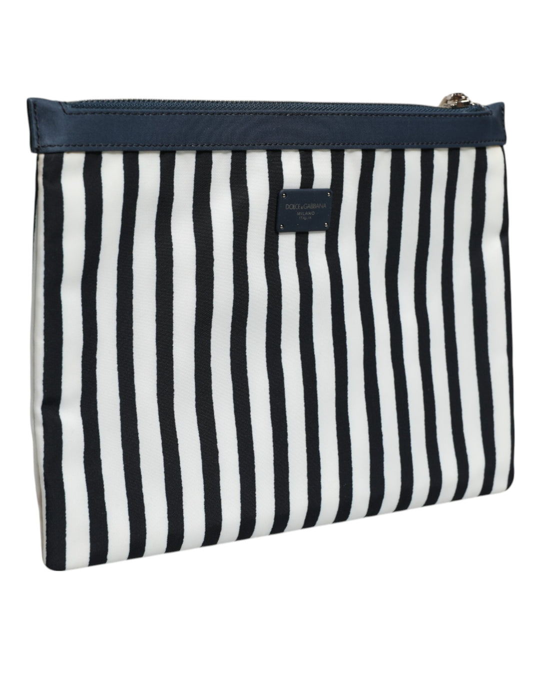 Black White Striped Logo Plaque Clutch Pouch Bag