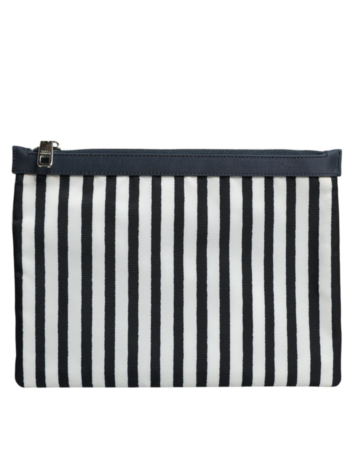 Black White Striped Logo Plaque Clutch Pouch Bag