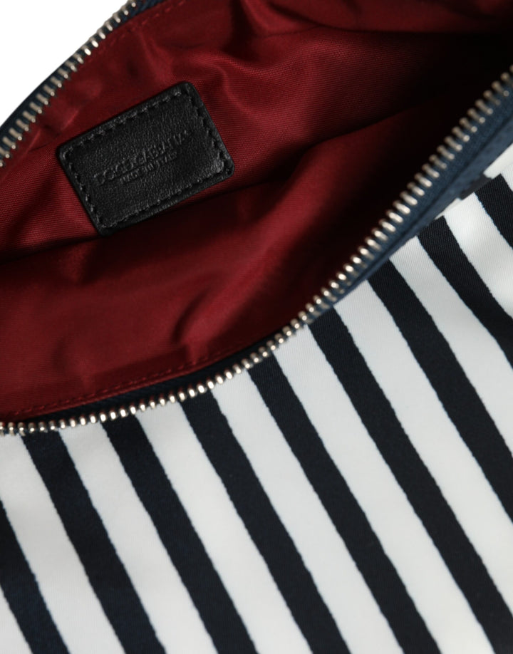 Black White Striped Logo Plaque Clutch Pouch Bag