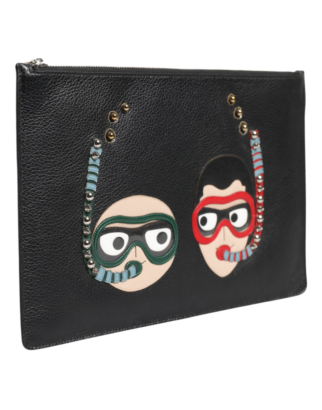 Black Leather #DGFAMILY Embellished Men Clutch Pouch Bag