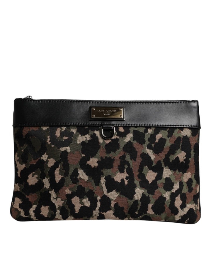 Multicolor Leopard Print Jacquard Logo Plaque Pouch Bag