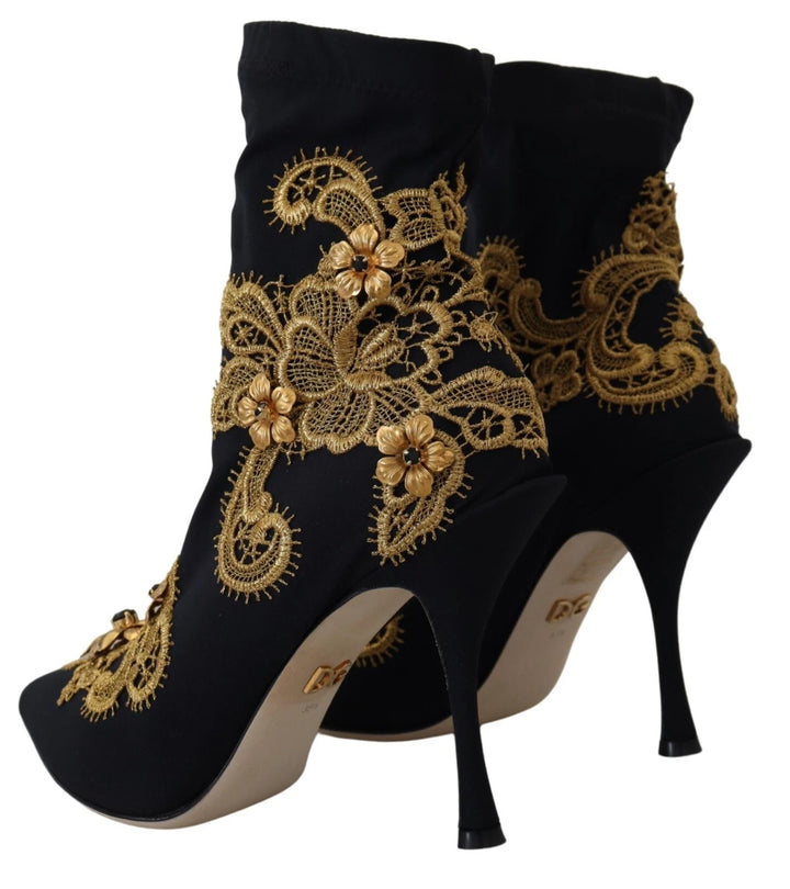 Black Gold Embroidery Crystal Boots Shoes