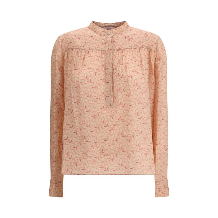 Blouse with foliage print and refined stand-up collar