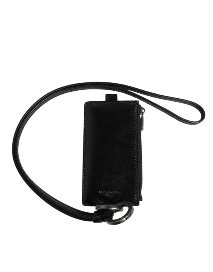 Black Leather Logo Embossed Lanyard Card Holder Wallet