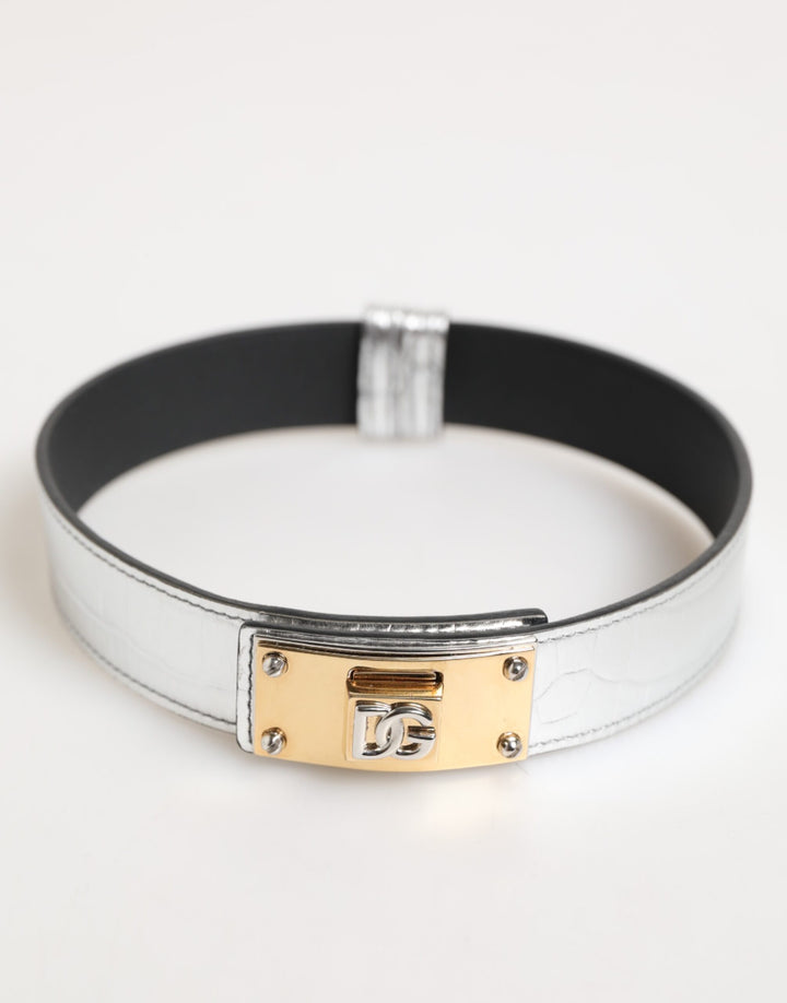 Silver Textured Leather Gold Tone Metal Neckband