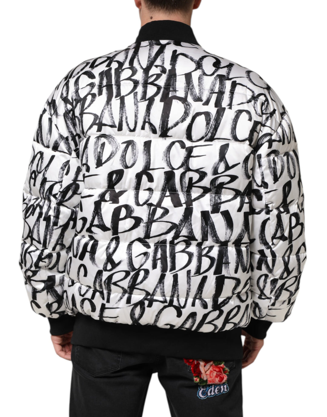 White Black Graffiti Logo Puffer Bomber Jacket