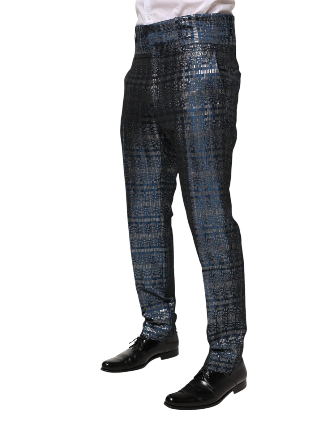 Blue Silver Shiny Silk Skinny Men Trouser Pants