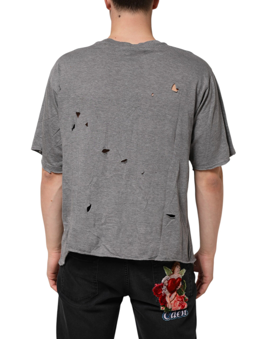 Gray Cotton Tattered Logo Patch Men T-shirt