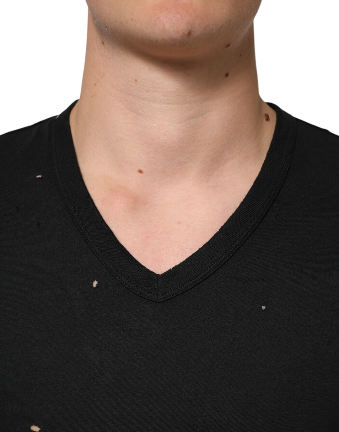 Black Cotton Tattered Logo V-Neck Men T-shirt