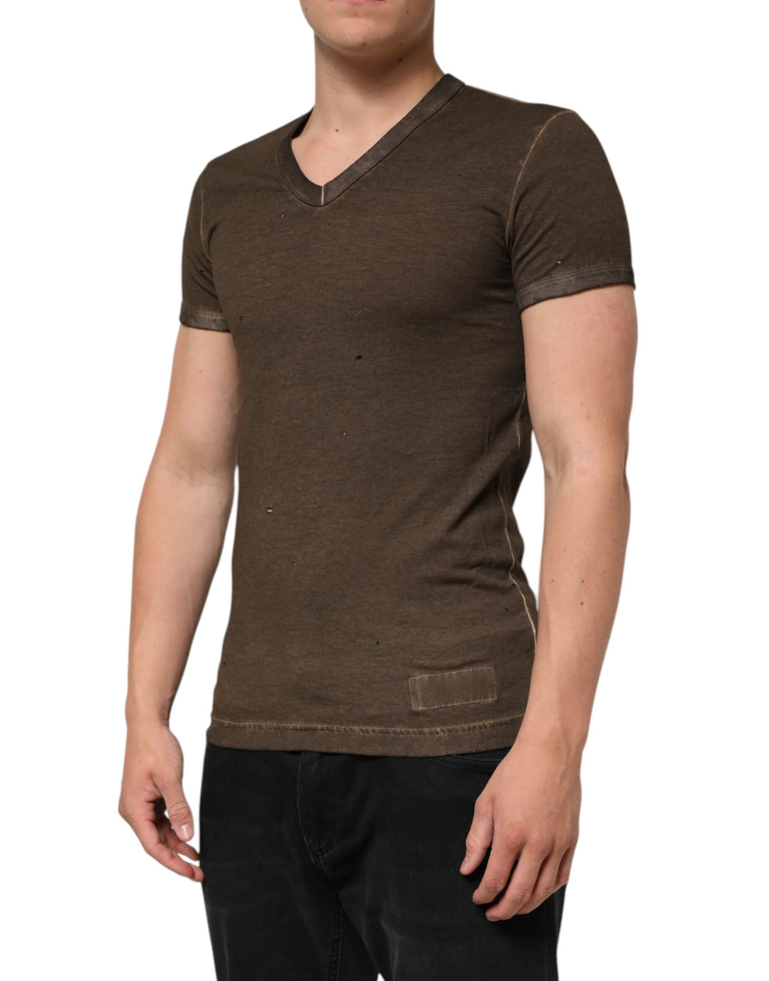 Dark Brown Cotton Tattered Logo Men T-shirt