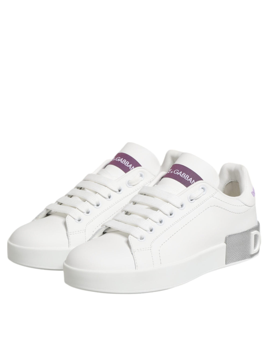 White Purple Leather Low Top Sneakers Shoes