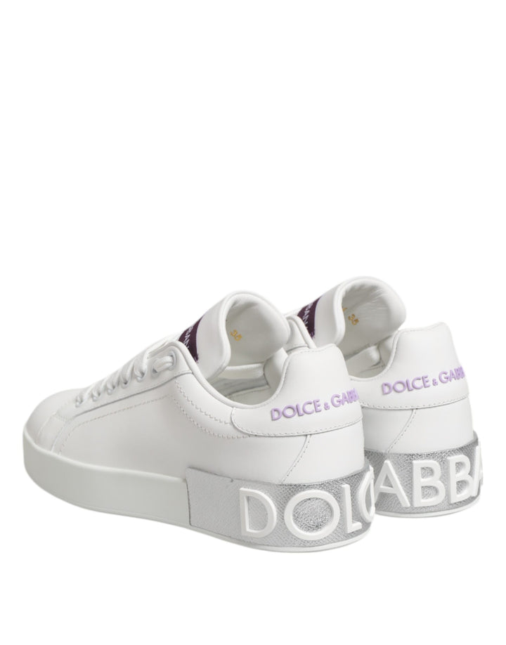 White Purple Leather Low Top Sneakers Shoes