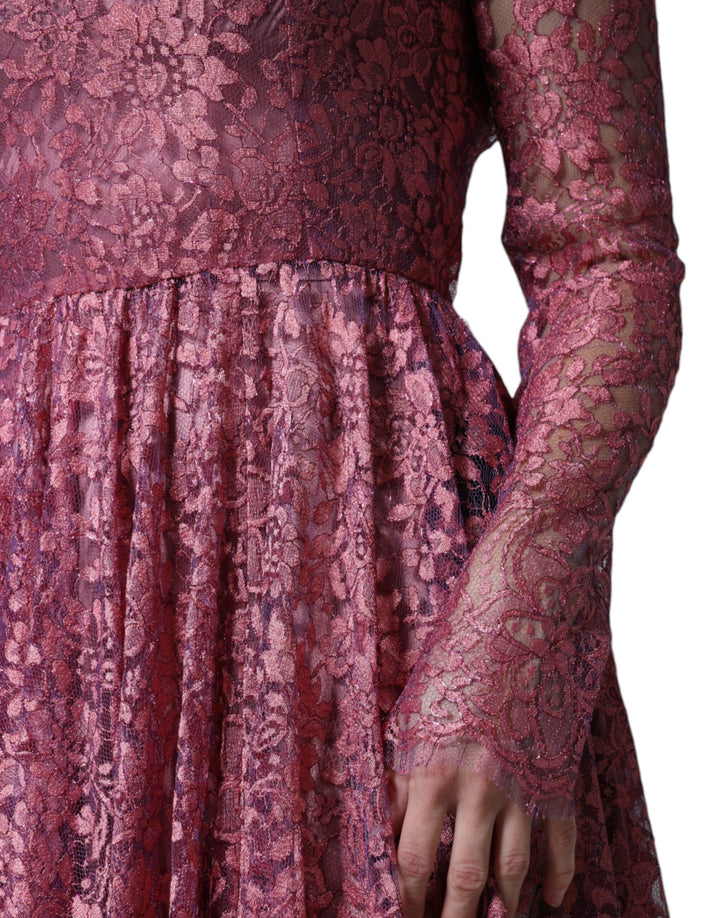 Pink Floral Lace Long Sleeve Midi Dress