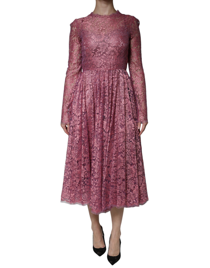 Pink Floral Lace Long Sleeve Midi Dress