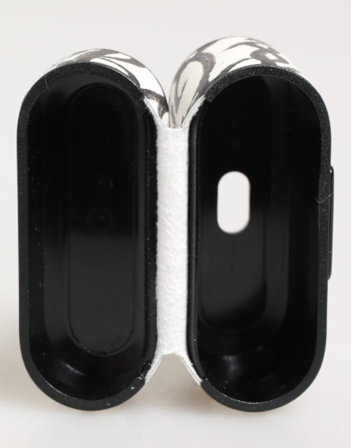 Black White Leather Monogram Print Logo Holder Airpods Case
