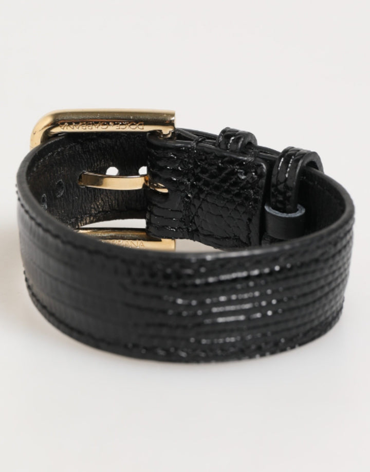 Black Embossed Leather Gold Buckle Belt Strap Bracelet