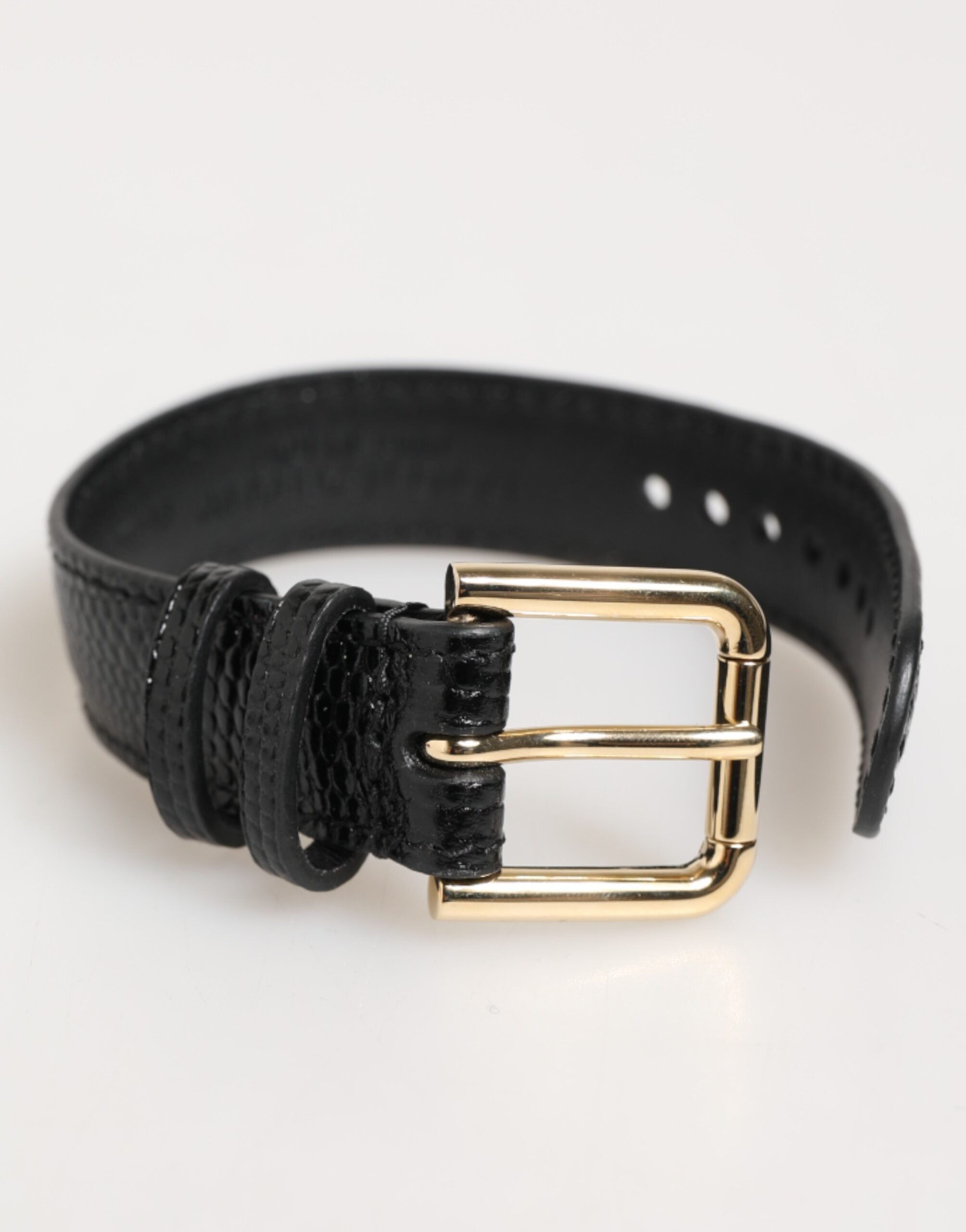 Dolce & Gabbana Black Embossed Leather Gold Buckle Belt Strap