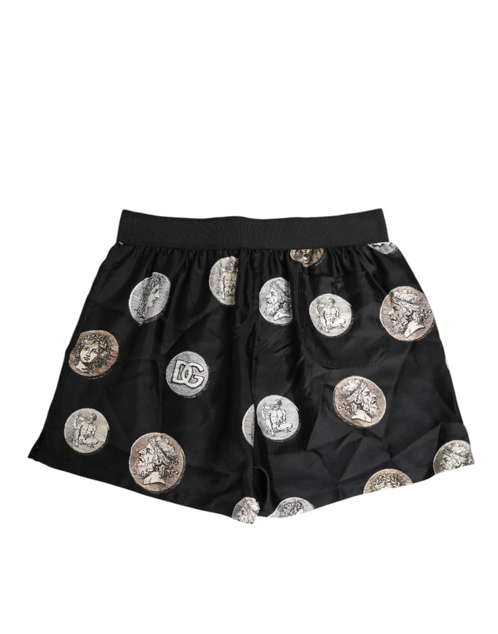 Black Silk Ancient Coin Print Boxer Short Swimwear