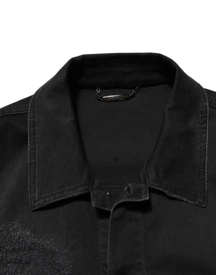 Black Cotton Denim Stretch Button Up Jacket
