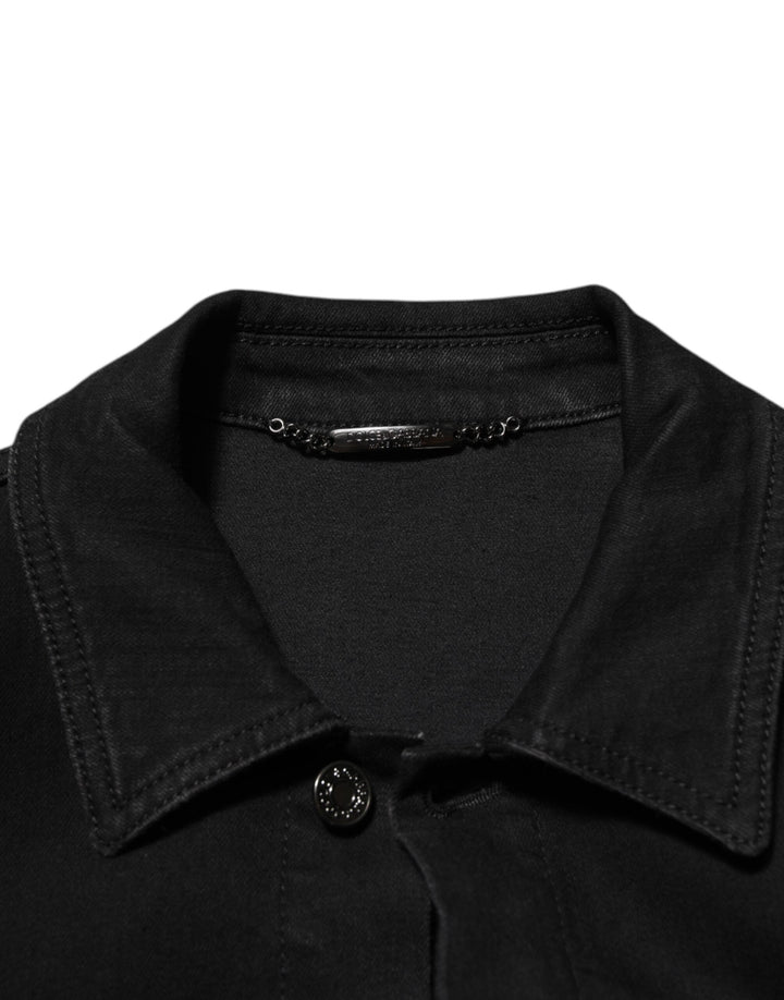 Black Cotton Denim Stretch Button Up Jacket