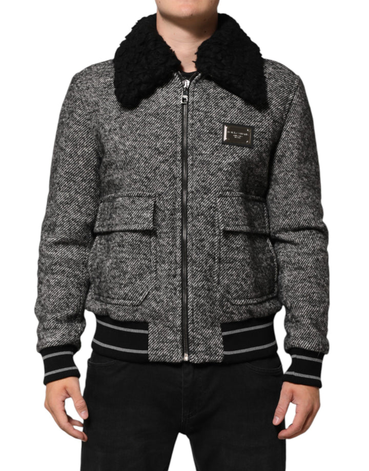 Gray Wool Herringbone Shearling Collar Bomber Jacket