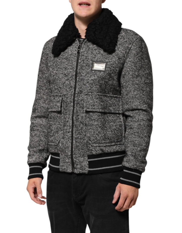 Gray Wool Herringbone Shearling Collar Bomber Jacket