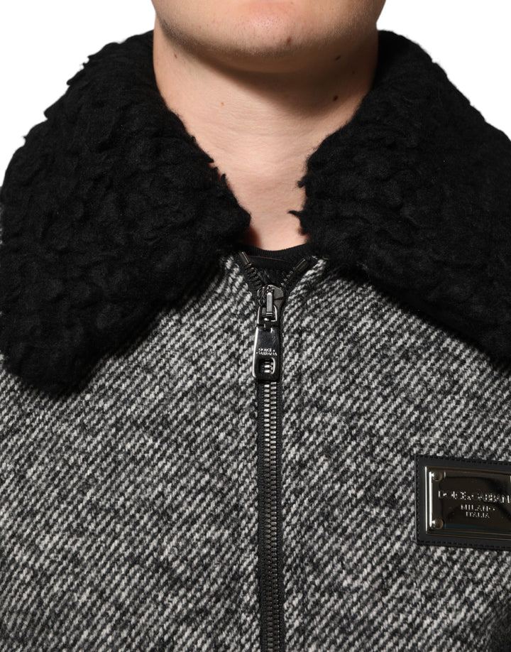 Gray Wool Herringbone Shearling Collar Bomber Jacket