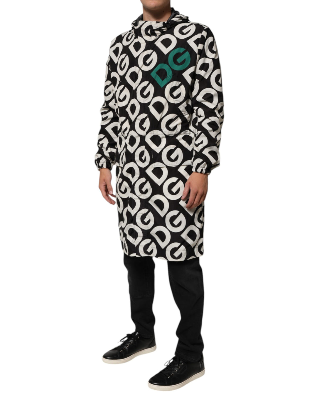 Black White Logo Print Hooded Coat Men Jacket