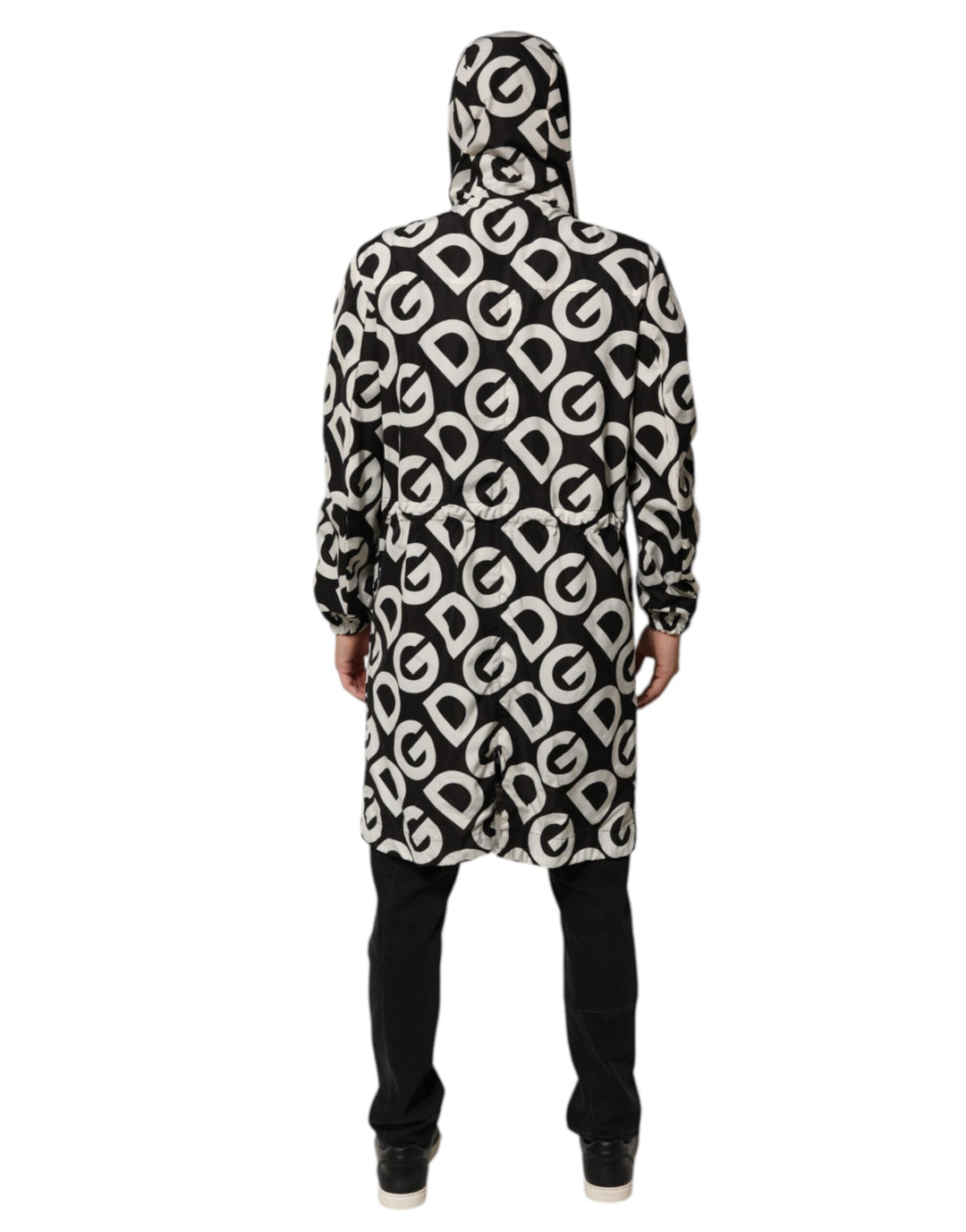 Black White Logo Print Hooded Coat Men Jacket