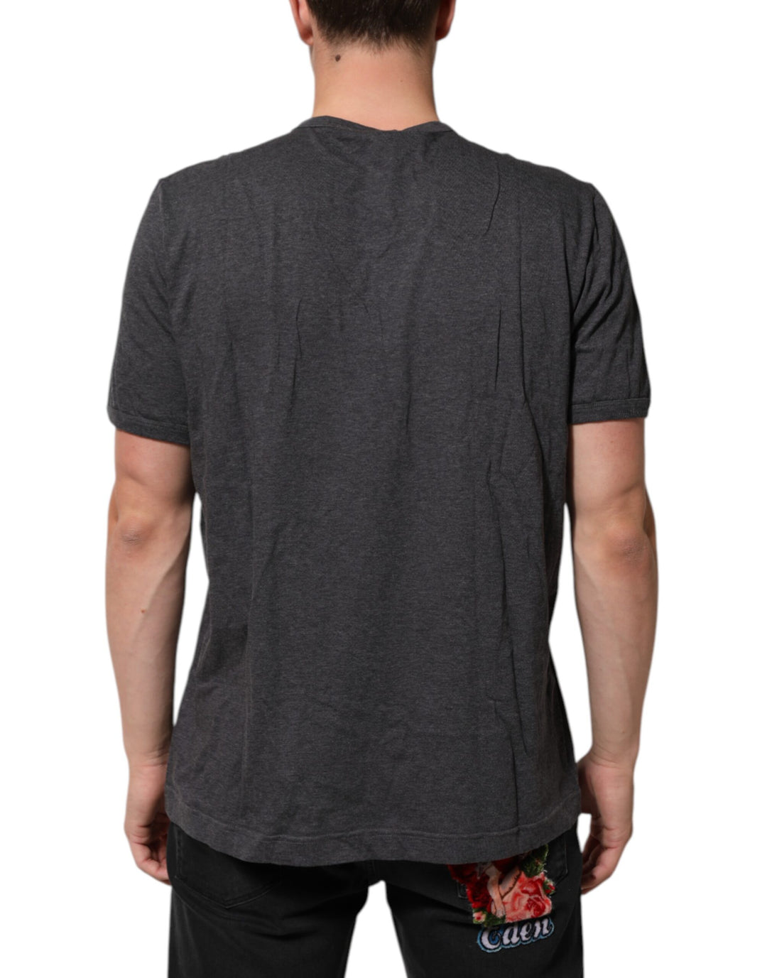 Grey Cotton V-Neck Logo Plaque Melange T-Shirt