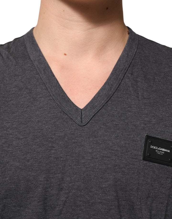Grey Cotton V-Neck Logo Plaque Melange T-Shirt
