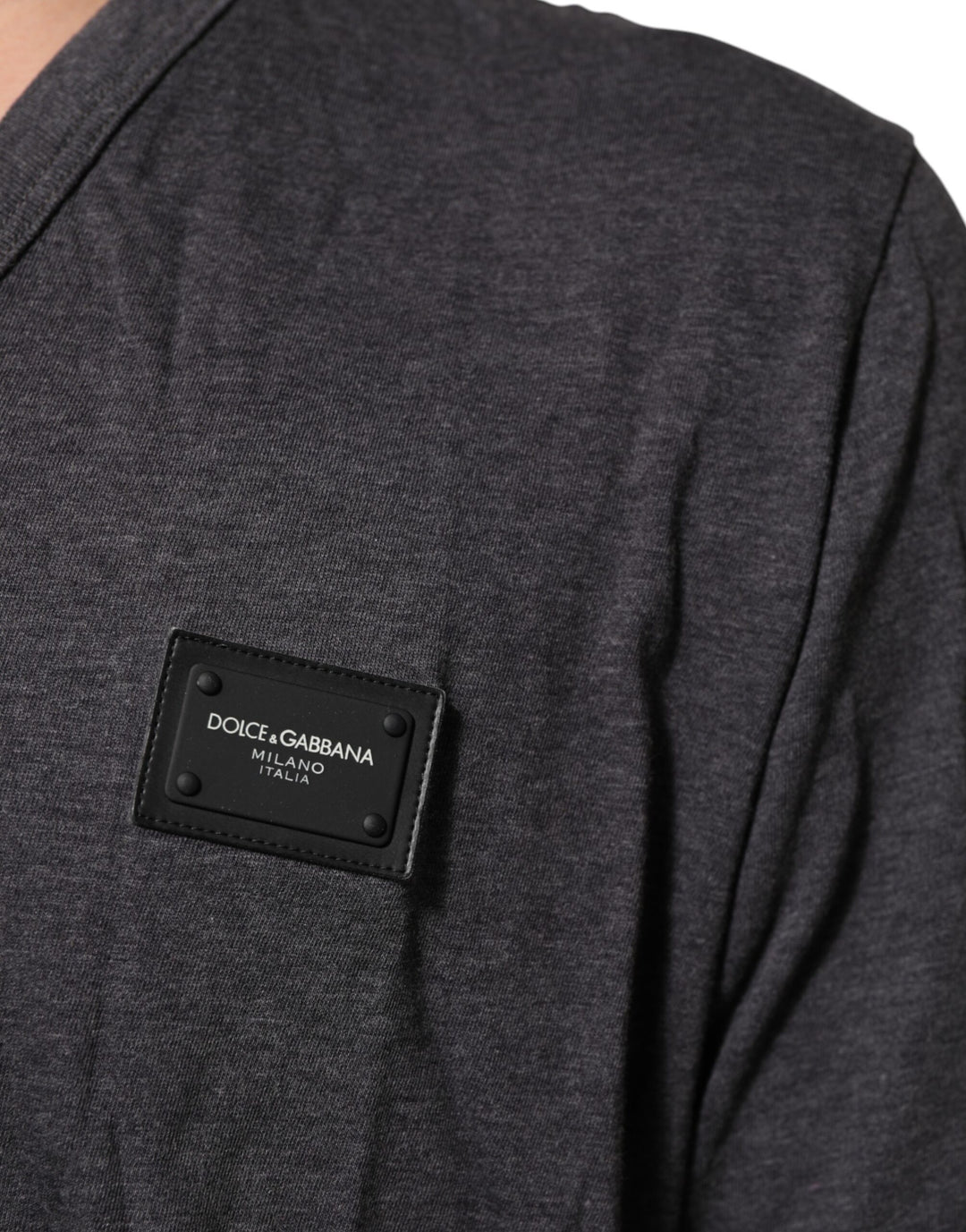 Grey Cotton V-Neck Logo Plaque Melange T-Shirt