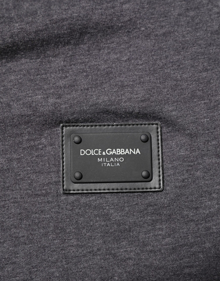 Grey Cotton V-Neck Logo Plaque Melange T-Shirt