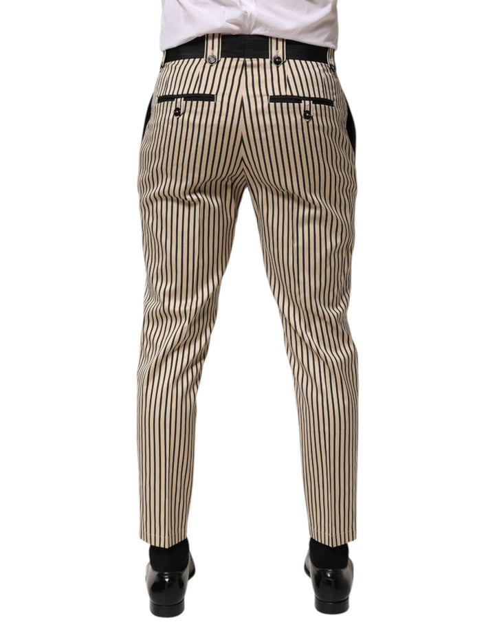 Beige Black Striped Cotton Slim Fit Trousers Pants
