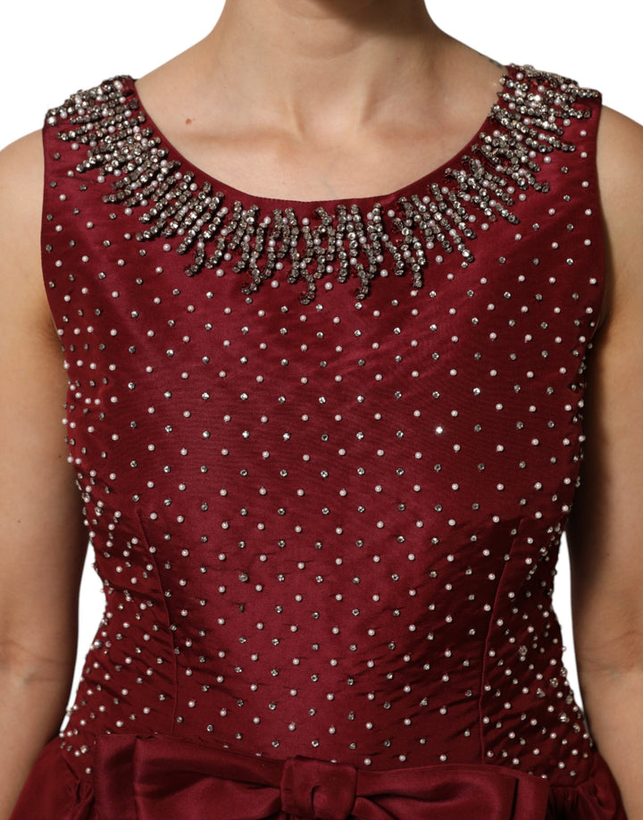 Burgundy Silk Beaded Evening Gown Dress