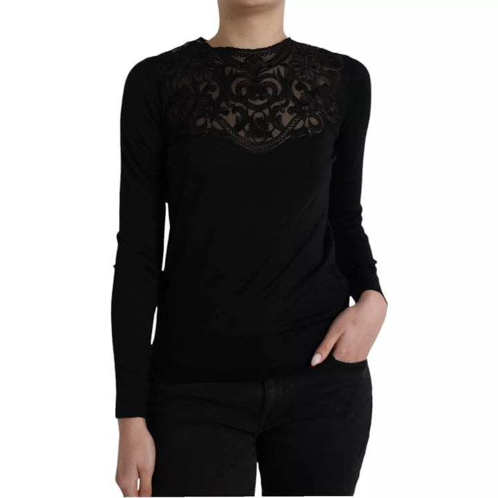 Black Silk Lace Trim Long Sleeves Blouse Top