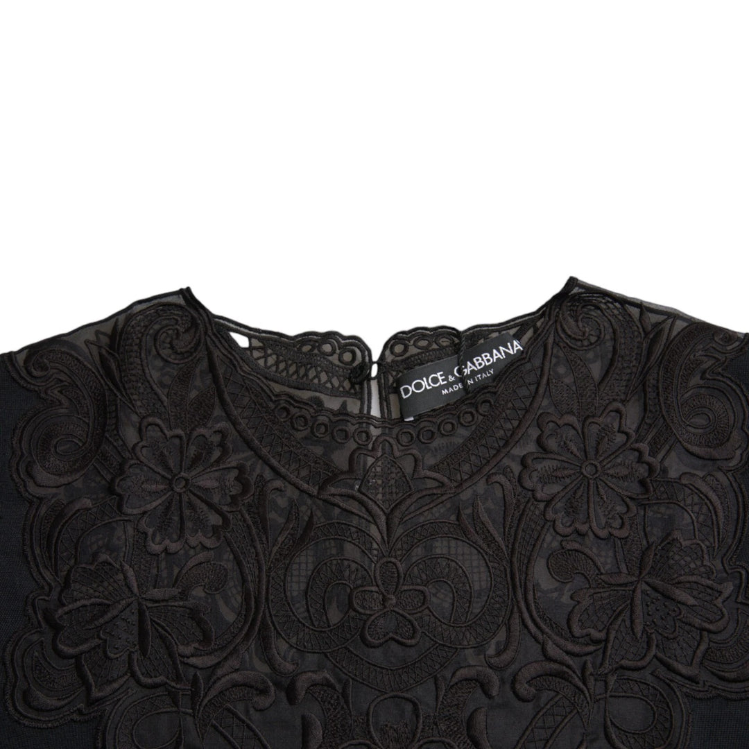 Black Silk Lace Trim Long Sleeves Blouse Top