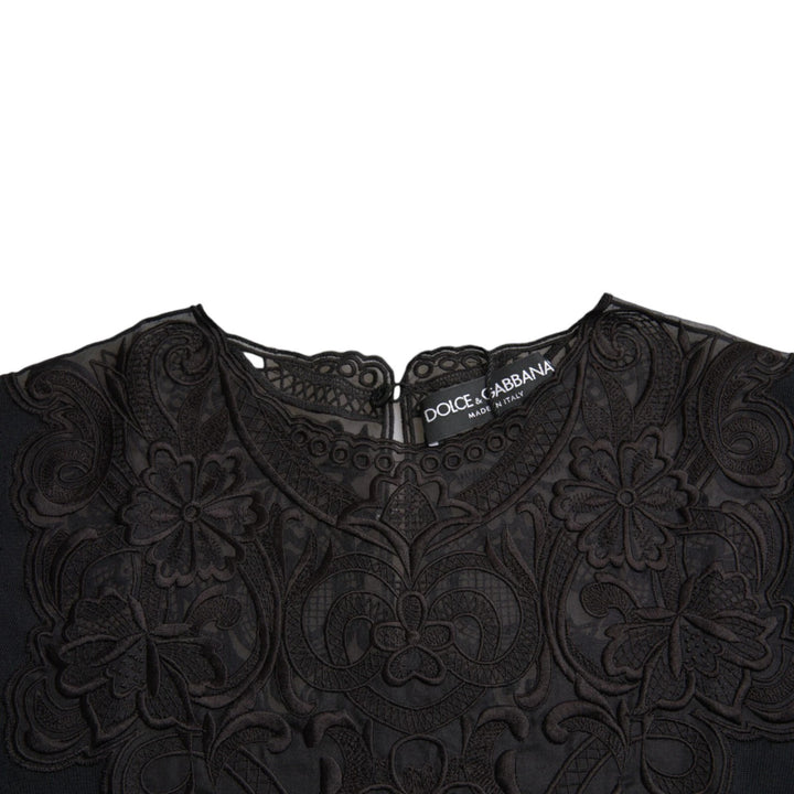 Black Silk Lace Trim Long Sleeves Blouse Top