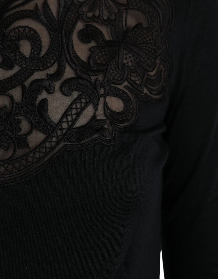 Black Silk Lace Trim Long Sleeves Blouse Top