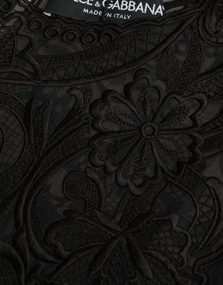 Black Silk Lace Trim Long Sleeves Blouse Top