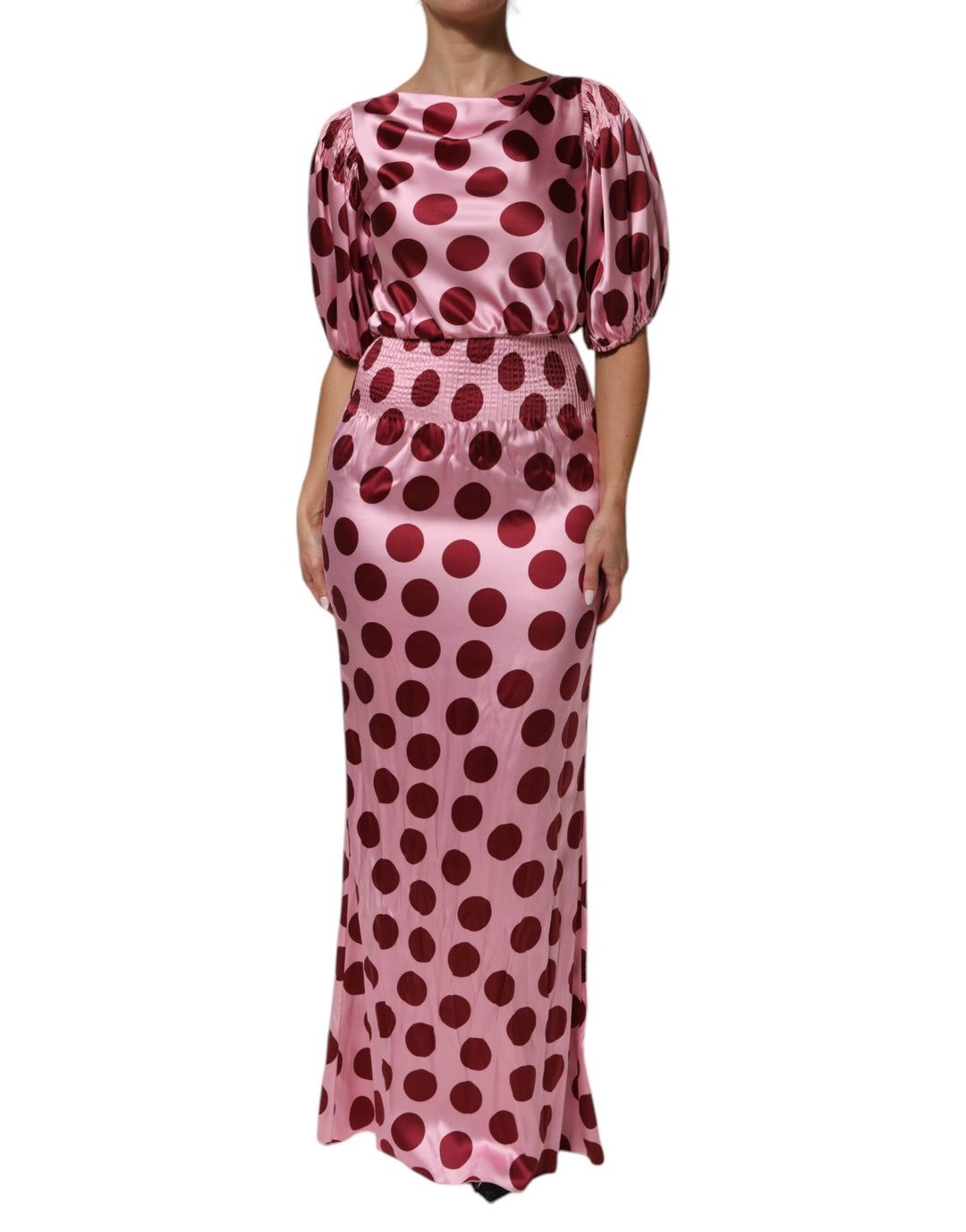 pink satin polka dot dress Pink Draped Polka Dot Long Sleeve Satin Mini Dress Pink / 4