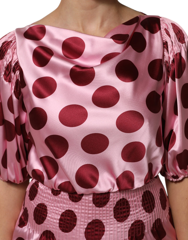 Pink Red Polka Dot Silk Satin Maxi Gown Dress