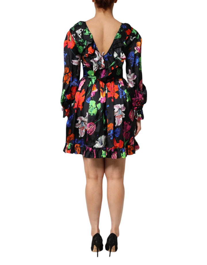 Dress Black Multicolor Floral Ruffle Long Sleeve Mini Dress