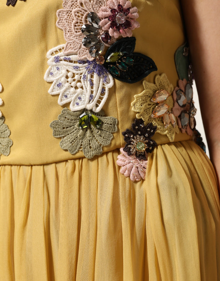 Yellow Silk Floral Embroidered Maxi Dress