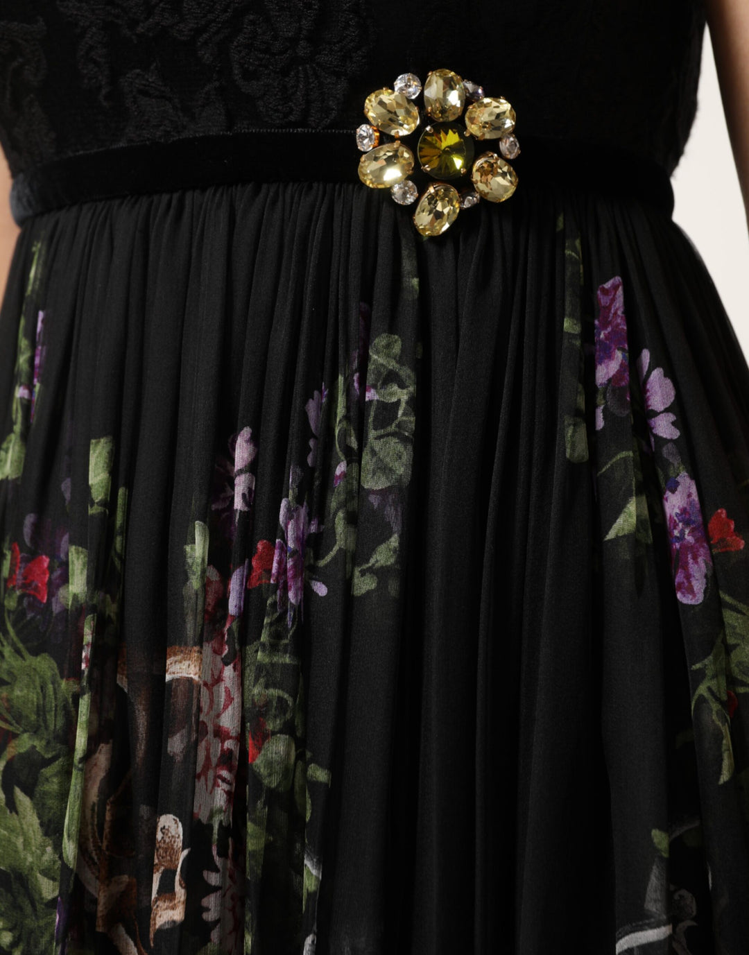 Black Floral Key Print Crystal Strapless Dress