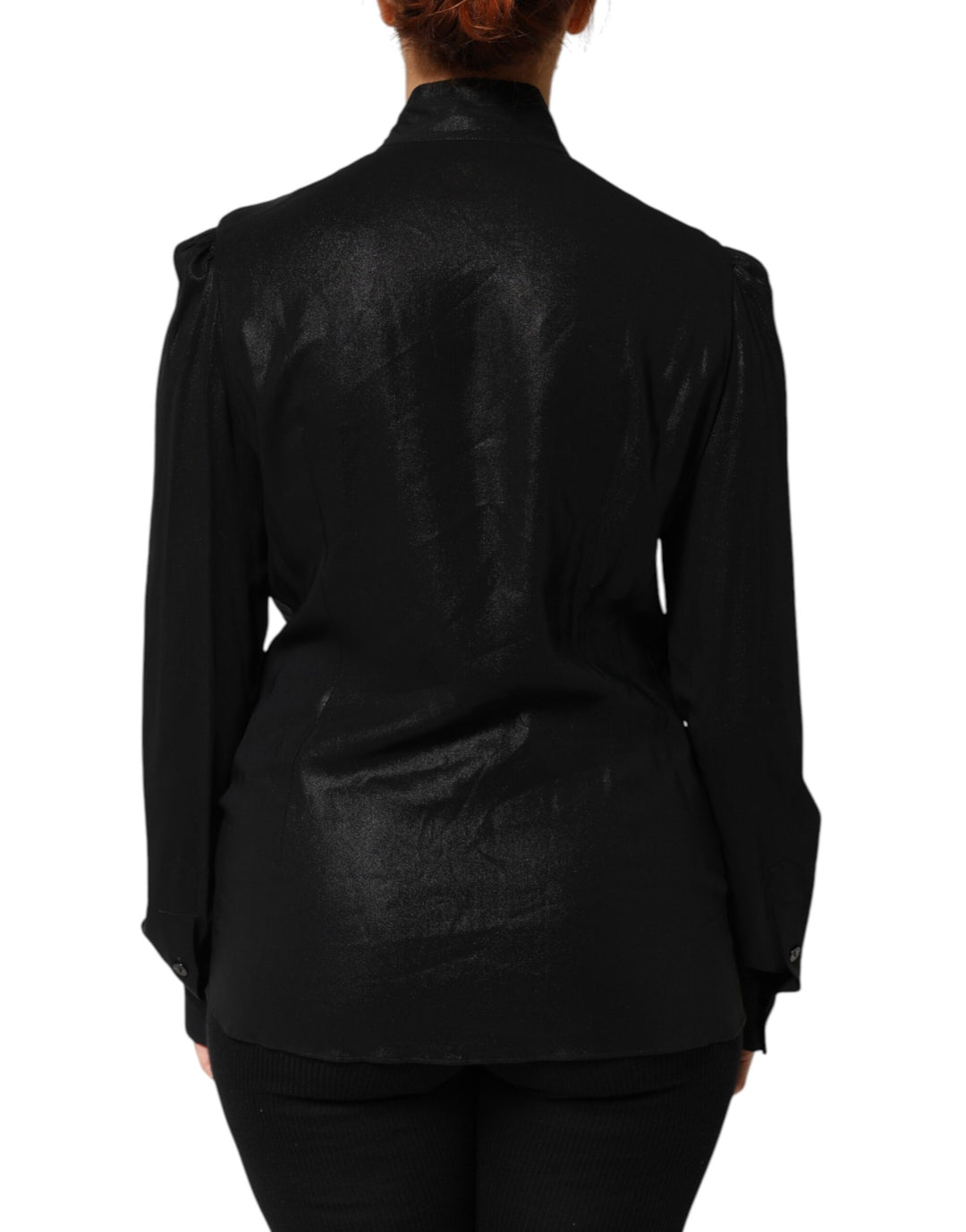 Black Viscose Long Sleeve Tie Neck Blouse Top